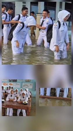 Miris! Selama Bertahun-tahun Siswa SMK di Batu Bara Terpaksa Belajar di Tengah Banjir