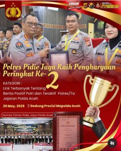 Polres Pidie Jaya Raih Penghargaan Link Terbanyak Tentang Berita Positif Polri