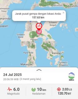 Poso Diguncang Gempa 6,0 SR, BMKG: Kedalaman 10 Km