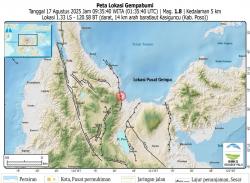 Sesar Tokoraru Bergerak, Gempa M5,8 Getarkan Poso dan Sekitarnya