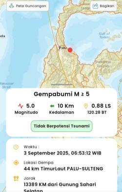 Gempa Magnitudo 5,0 Guncang Palu, Tidak Berpotensi Tsunami