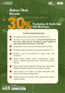 Diskon Tiket Kereta 30% di Stasiun Purwokerto. Buruan mulai 24 September loh