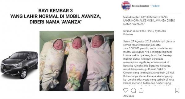 Viral: Lahir di Mobil, 3 Bayi Kembar Diberi Nama Avanza