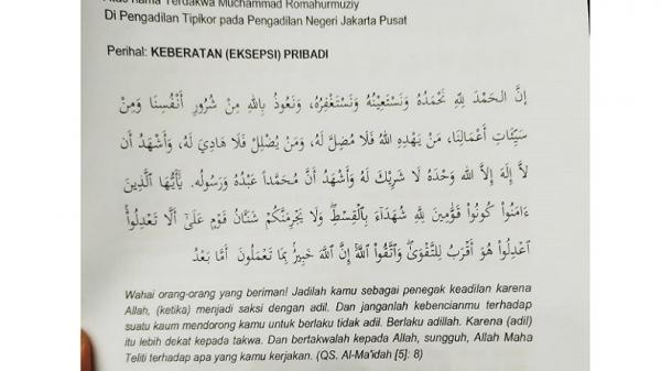 Eksepsi mantan Ketua Umum Partai Persatuan Pembangunan (PPP) Muhammad Romahurmuziy (Romy). (Foto: iNews.id/Ilma de Sabrini)
