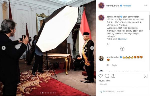 Tangkapan layar unggahan fotografer Daris Triadi saat sesi foto resmi Presiden dan Wakil presiden 2019-2024, Joko Widodo dan KH Ma'ruf Amin. (Foto: Instagram Darwis Triadi)
