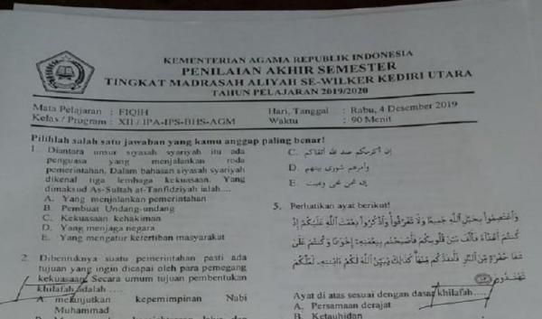 Kemenag Tarik Soal Ujian Semester Madrasah Aliah di Kediri yang Memuat ...