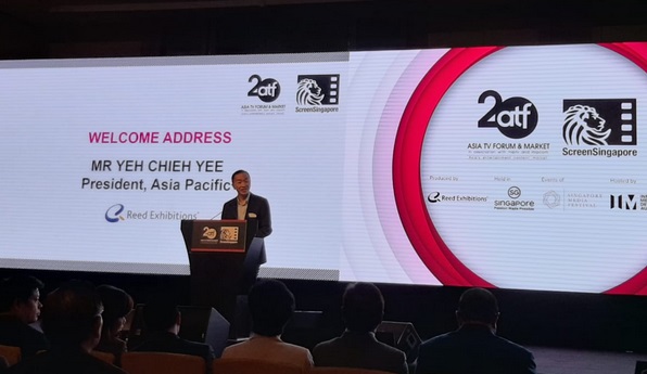 President Asia Pacific Reed Exhibitions Yeh Chien Ee di acara pembukaan Asia TV Forum & Market (ATF) 2019 dan ScreenSingapore, Marina Bay Sands, Singapura. (Foto: iNews.id)
