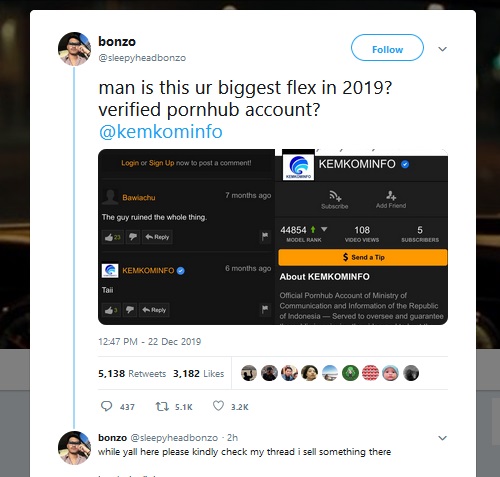 Akun Kominfo Ditemukan di Pornhub