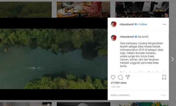 Tengkapan layar unggahan Ridwan Kamil, Jumat (27/12/2019)