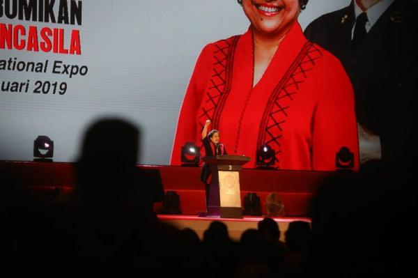 Ketua Umum PDI Perjuangan Megawati Soekarnoputri saat menyampaikan pidato pada HUT ke-46 dan Rakornas PDI Perjuangan di JIExpo, Kemayoran, Jakarta Pusat, Kamis (10/1/2019). (Foto: MNC)