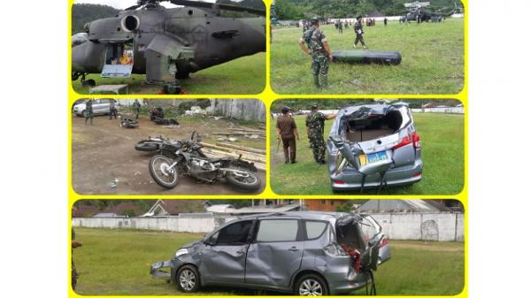 heli bnpb is Foto kompilasi menunjukkan kerusakan heli yang ditumpangi Kepala BNPB Doni Monardo dan mobil dinas seusai terjadi insiden di Kabupaten Kepulauan Sangihe, Senin (6/1/2020). (Foto: Istimewa).