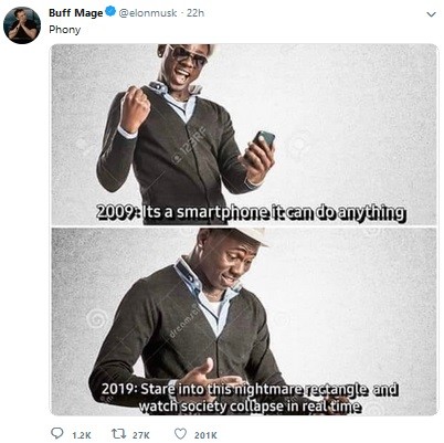 Meme yang kaitkan smartphone dengan runtuhnya masyarakat (Foto: Twitter/ Elon Musk)