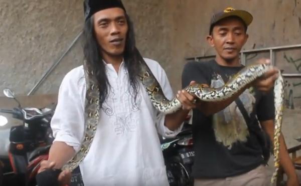 Ular sanca kembang sepanjang dua meter ditangkap warga saat hendak memangsa ayam di Mampangan, Depok. (Foto: iNews/Iyung Rizky)