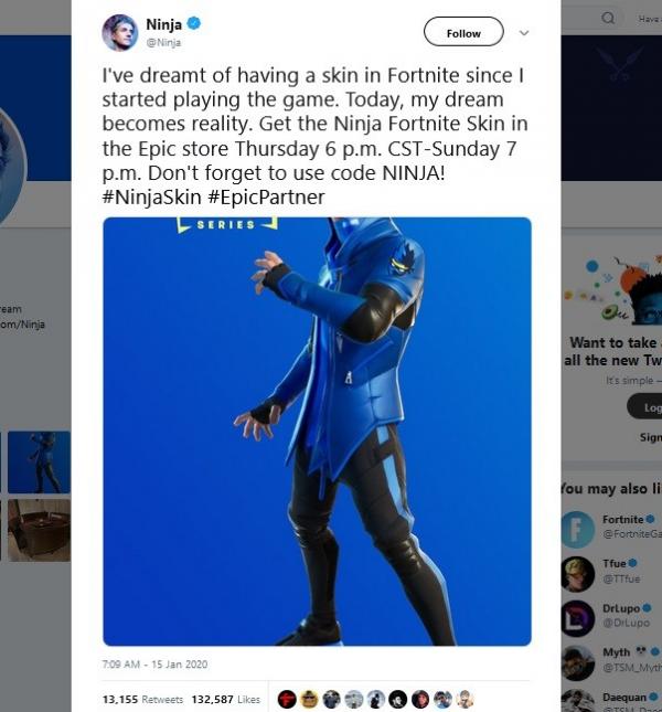Ninja punya skin sendiri di Fortnite (Foto: Twitter)
