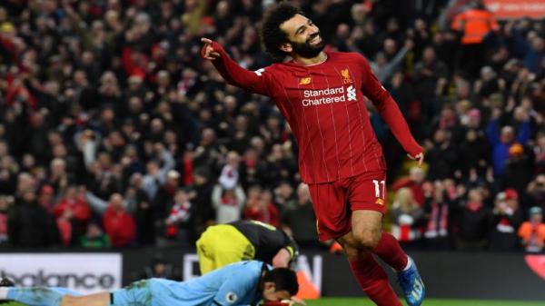 Mohamed Salah Penyerang Liverpool Mohamed Salah merayakan gol yang dibuatnya saat mengalahkan Southampton 4-0 di Anfield, Sabtu (1/2/2020) malam WIB. (Foto: AFP)