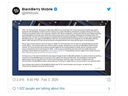 Pengumuman TCL Communication berhenti jual smartphone BlackBerry (Foto: Twitter/ BlackBerry)