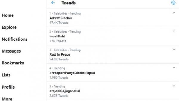 Ashraf Sinclair trending di Twitter, Selasa (18/2/2020)