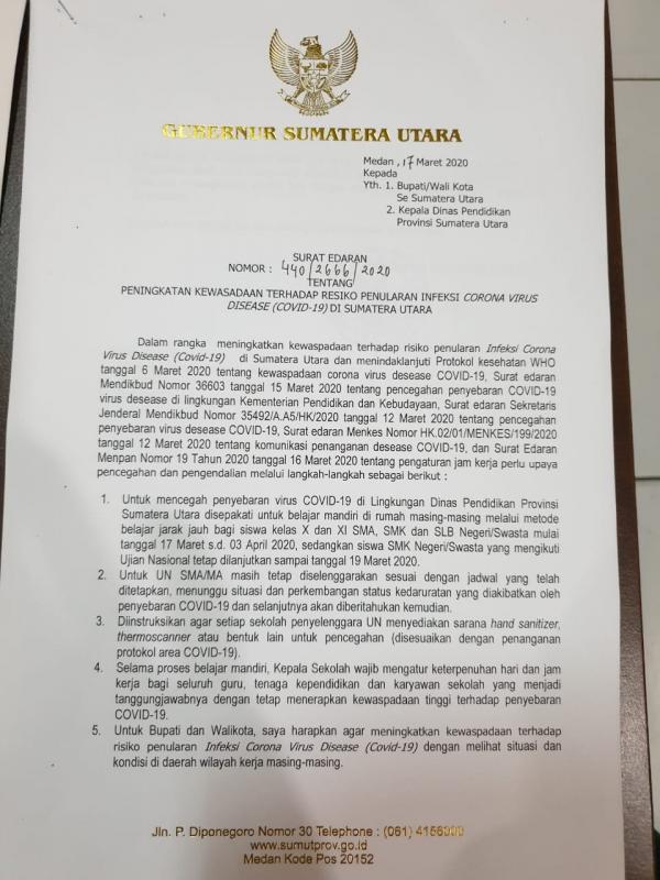 Surat Edaran Gubernur Sumatera Utara Terkait Libur siswa SMA/SMK (Foto: Istimewa)