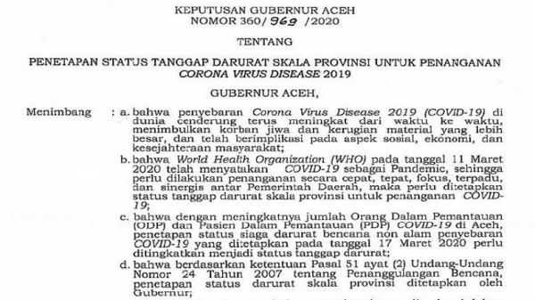 sk gubernur aceh Surat Keputusan Gubernur Aceh tentang Penetapan Status Tanggap Darurat Skala Provinsi untuk Penanganan Covid-19