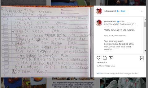 ridwan kamil Puisi anak soal wabah corona , Kamis (2/4/2020) (Foto iNews.id: Instagram Ridwan Kamil)