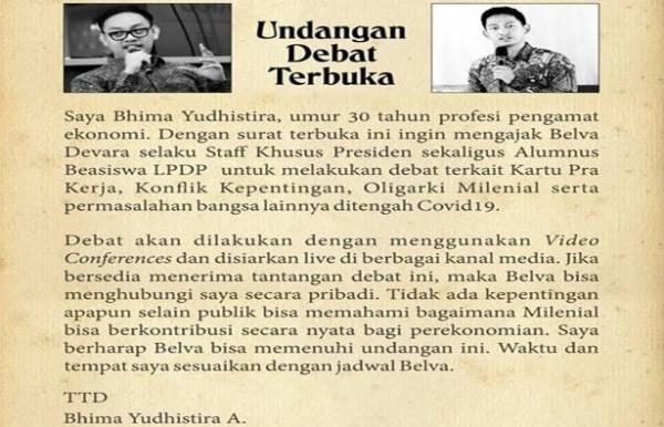 Tangkapan layar Undangan debat terbuka Bhima Yudhistira versus Stafsus Presiden Belva Davara.