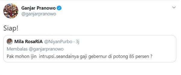 Balasan Ganjar Pranowo atas jawaban netizen di akun Twitternya