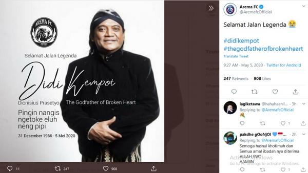 Arema kenang Didi Kempot yang meninggal hari ini (foto: Twitter)