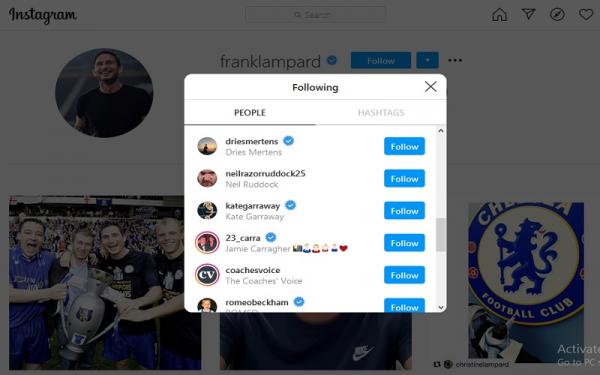 Frank Lampard sudah mem-follow akun Instagram Dries Mertens (foto: Instagram)