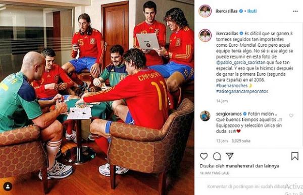 Iker Casillas mengunggah foto kebersamaan skuad Timnas Spanyol (foto: Instagram)