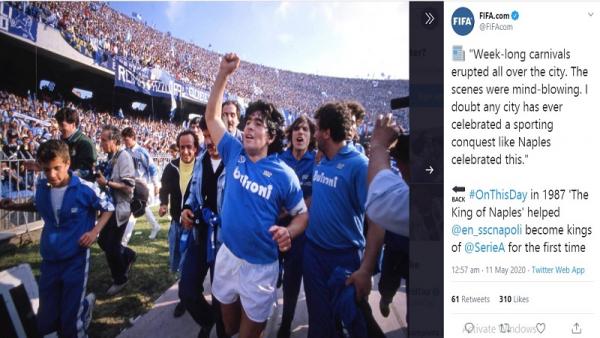 Diego Armando Maradona membawa Napoli meraih scudetto perdana di musim 1986/1987 (foto: Twitter)