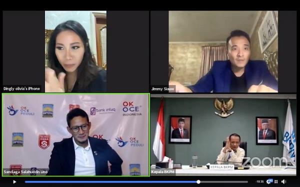 Webinar yang menghadirkan pengusaha Sandiaga Uno, Kepala Badan Koordinasi Penanaman Modal (BKPM) Bahlil lahadalia, dan Executive Director 12bros  Jimmy Siauw. (Foto: Istimewa)