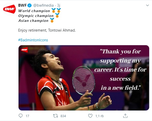BWF ikut mengucapkan salam perpisahan kepada ganda campuran kebanggaan Indonesia Tontowi Ahmad. (Foto: Twitter)