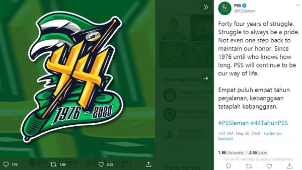 PSS Ultah PS Sleman ulang tahun ke-44 tanggal 20 Mei 2020 (foto: Twitter)