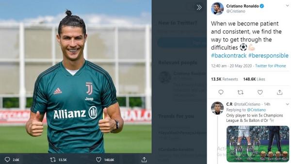 Cristiano Ronaldo mengunggah foto dirinya kembali berlatih di pusat latihan Juventus (foto: Twitter)