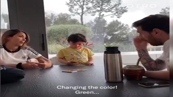 Lionel Messi mengajak main kartu uno anak dan istrinya (foto: Marca)