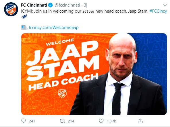 Akhirnya, FC Cincinnati mengganti Twitter pengumuman Jaap Stam sebagai pelatih dengan foto yang tepat. (Foto: Twitter @fccincinnati)