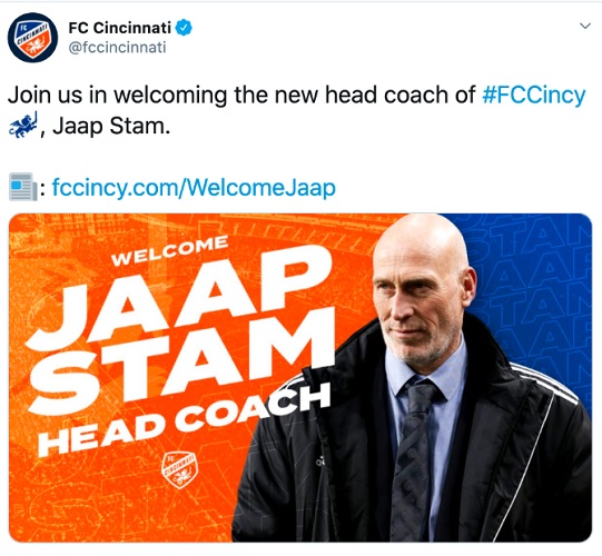 FC Cincinnati sempat salah pasang foto saat mengumumkan Jaap Stam sebagai pelatih. (Foto: Twitter @fccincinnati)