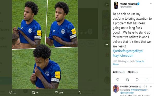 Weston McKennie mengunggah foto dan tulisan berisi simpati atas meninggalnya George Floyd (foto: Twitter)