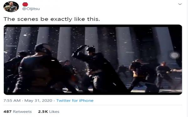 Scene pertarungan Bane versus Batman di depan Gedung Wali Kota Gotham City di film (foto: twitter)