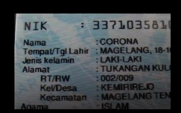 KTP Corona KTP warga Magelang dengan nama Corona (Foto: iNews/Puji Hartono)