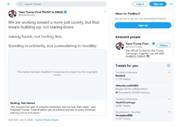 Twitter kembali memblok kicauan Donald Trump terkait kematian George Floyd (foto: Twitter)