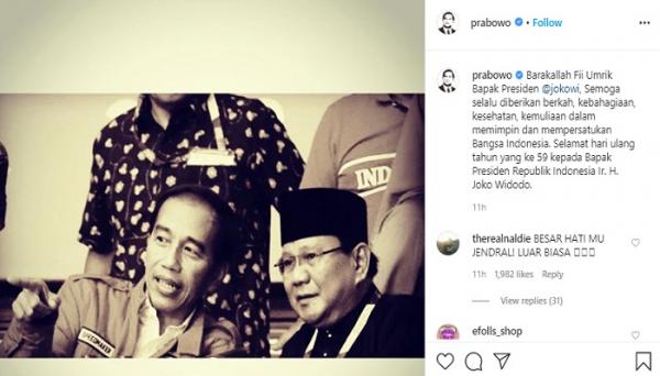 Prabowo Subiakto menuliskan doa dan ucapan untuk Presiden Joko Widodo yang berulang tahun ke-59 pada 21 Juni 2020 (foto: Instagram)