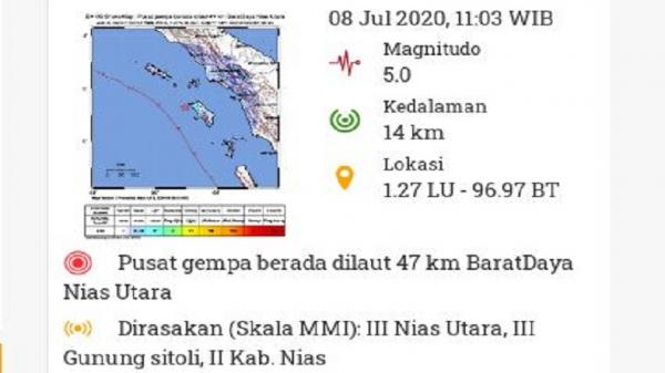 Gempa Bumi Tektonik M 5,0 di Nias Utara, Ini Penjelasan BMKG