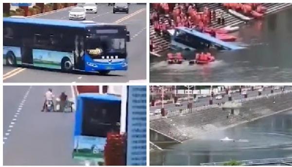 Sebuah bus yang diketahui membawa puluhan calon peserta ujian masuk perguruan tinggi terjun ke danau (foto: CCTV)