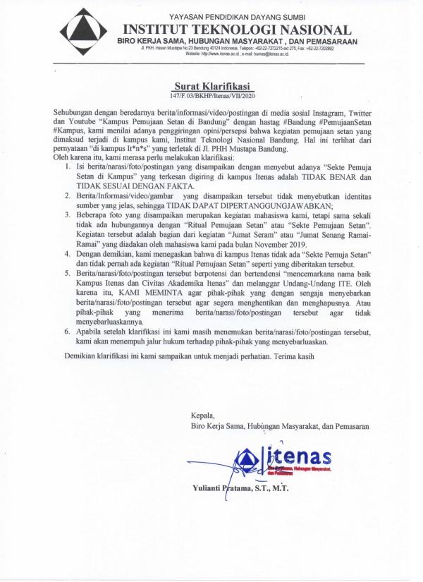 Klarifikasi dari Kampus Institut Teknologi Nasional (Itenas) Kota Bandung