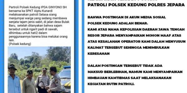 Klarifikasi dari Polres Jepara soal unggahan admin medsos Polsek Kedung
