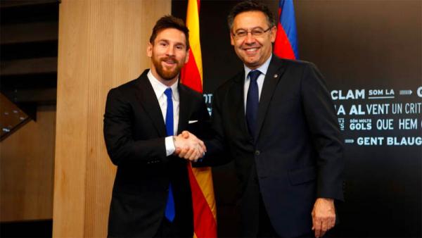 Messi Bartomeu Presiden Barcelona Josep Maria Bartomeu (kiri) berharap kembali bertemu Lionel Messi. (Foto: The Sun)