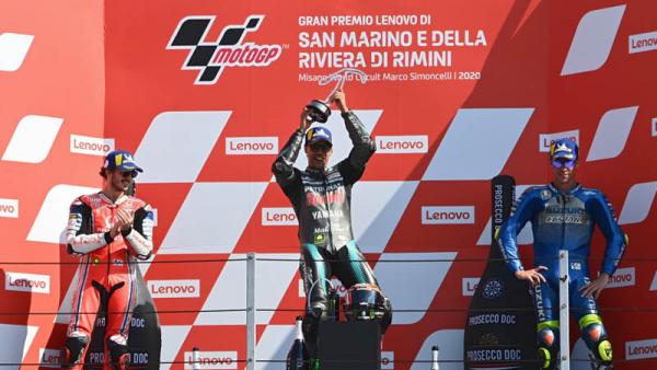 Pembalap tim Petronas SRT Yamaha Franco Morbidelli juara MotoGP San Marino di Sirkuiut Misano, Sabtu (12/9/2020) malam WIB. (Foto: AFP)
