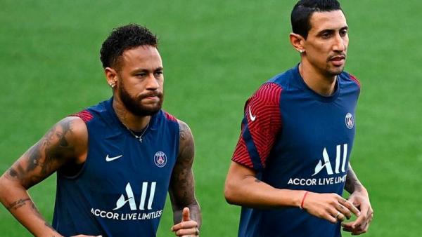 Neymar Di Maria Duo PSG Neymar Jr (kiri) dan Angel Di Maria kembali berlatih bersama tim setelah pulih dari Covid-19. (Foto: Sky Sports)