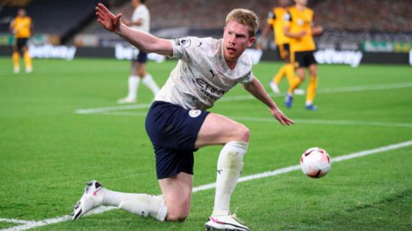 Gelandang Manchester City Kevin De Bruyne merayakan golnya ke gawang Wolverhampton Wanderers pada pekan kedua Premier League 2020/2021 di Molineux Stadium, Selasa (22/9/2020) dini hari WIB. (Foto: Man City)
